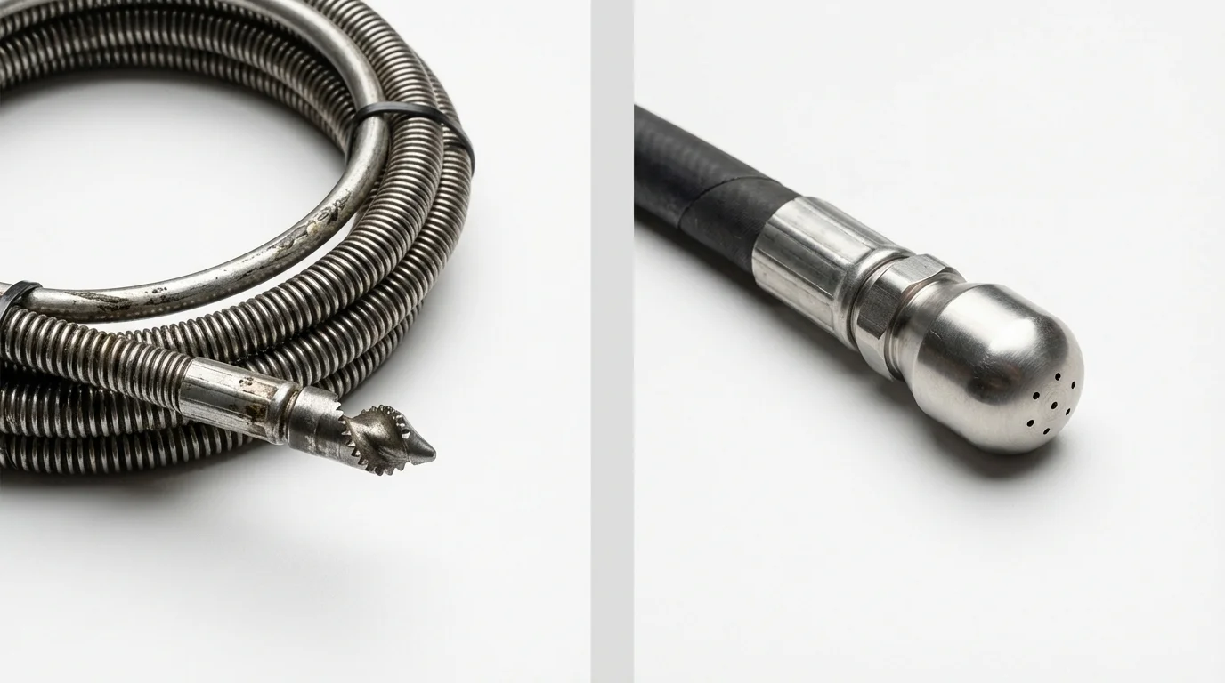 Drain snake cable and hydro jetting nozzle used for drain cleaning in Friendship, WI
