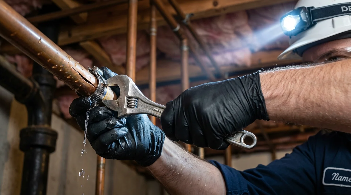 Emergency pipe clamp repair being performed by a Johns Plumbing LLC plumber in Friendship
