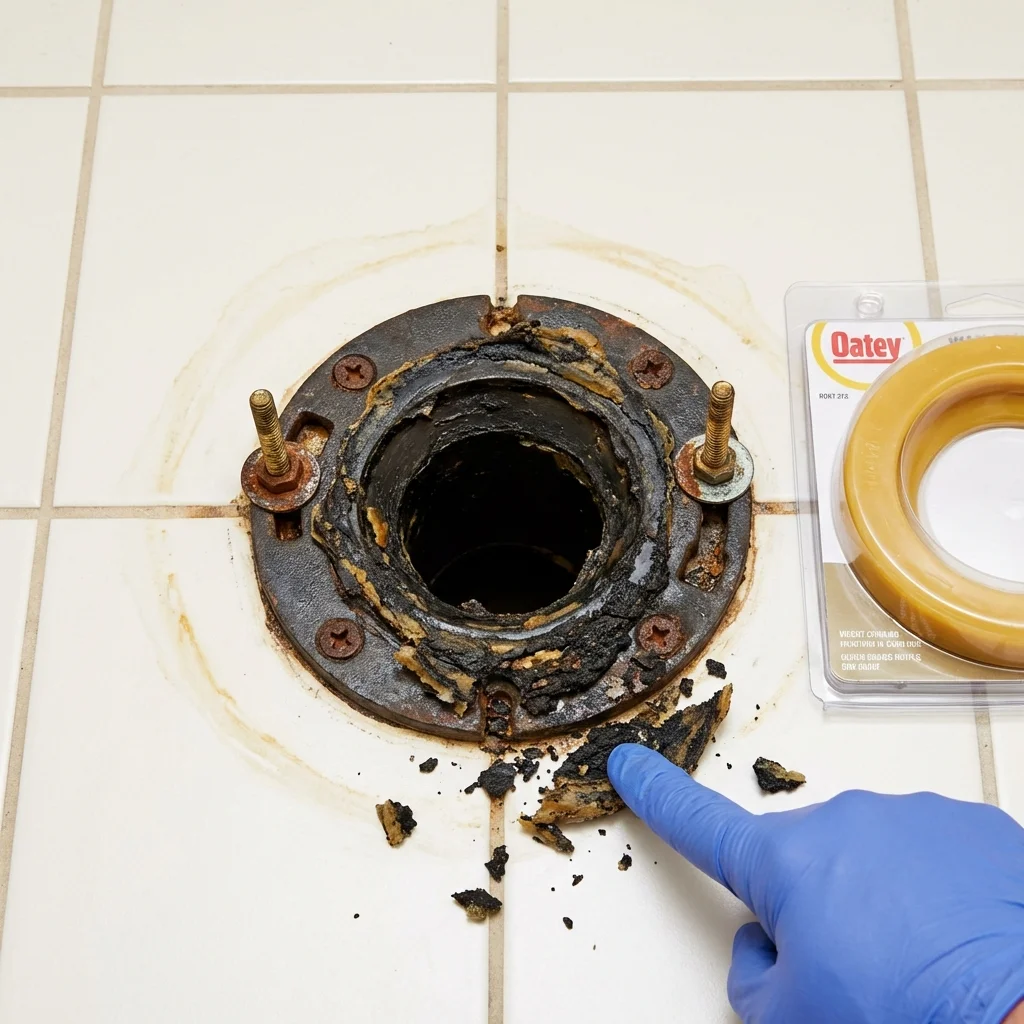 Failed wax ring showing water seepage at the base of a toilet in a Friendship, WI home