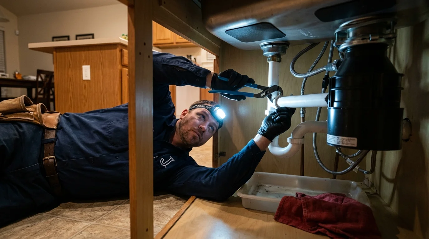 P-trap and supply line connections under a kitchen sink showing a common leak point in Friendship, WI